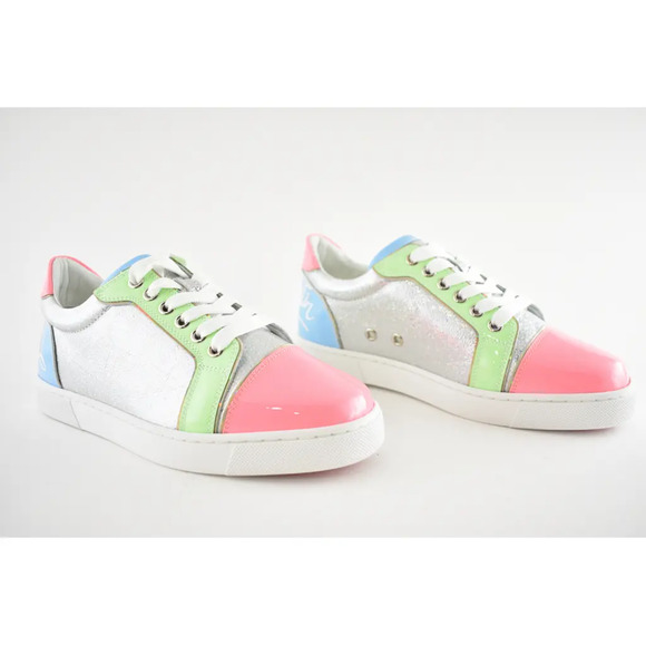 Christian Louboutin Fun Vieira Flat Patent Pink Silver Blue Low Top Sneaker 38.5 - Picture 4 of 12